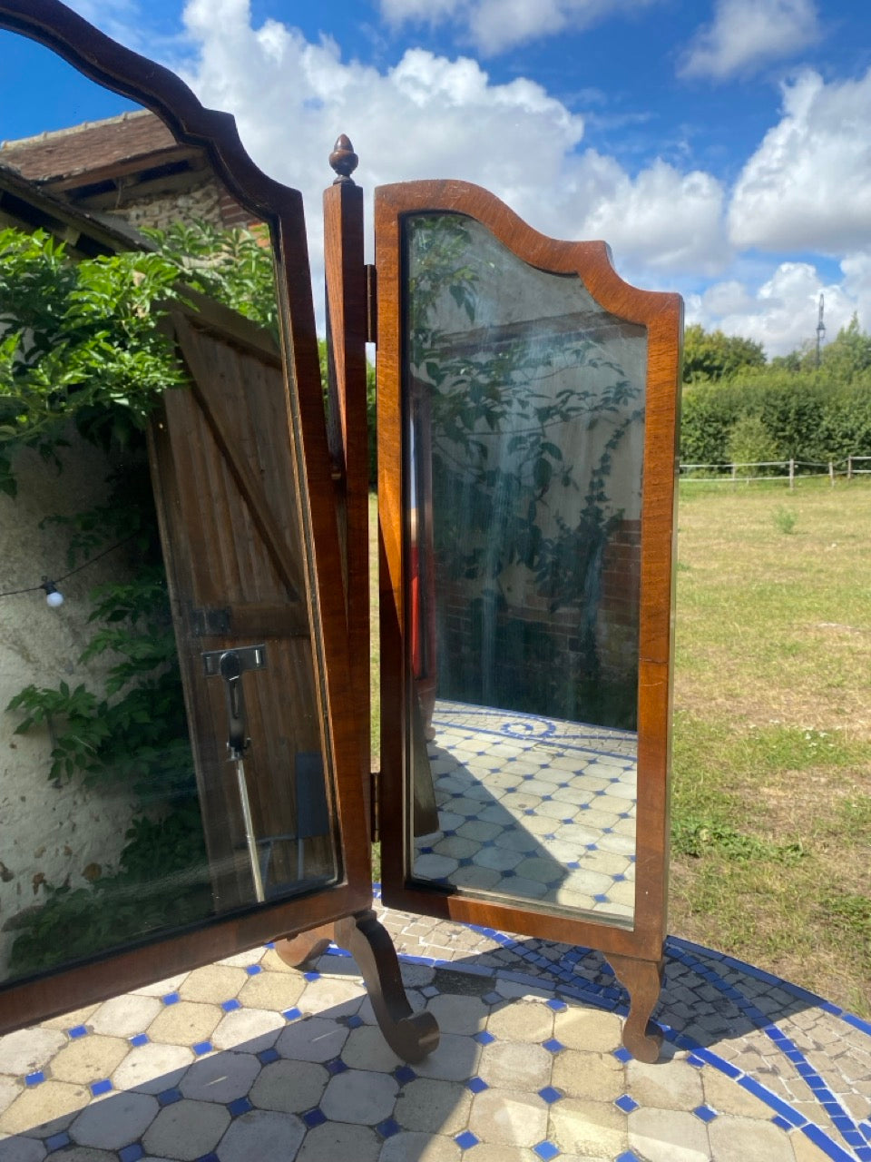 Miroir ancien triptyque en acajou – Origine anglaise, style vintage