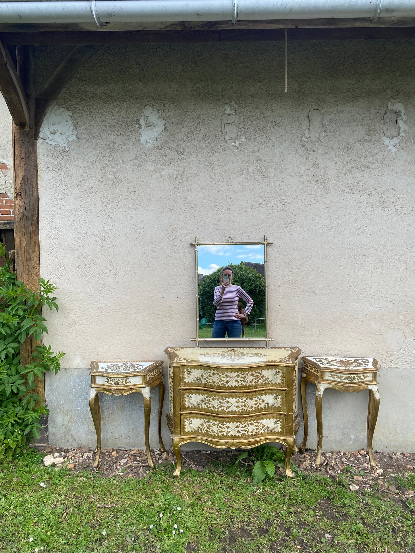 Miroir ancien en métal doré imitation bambou