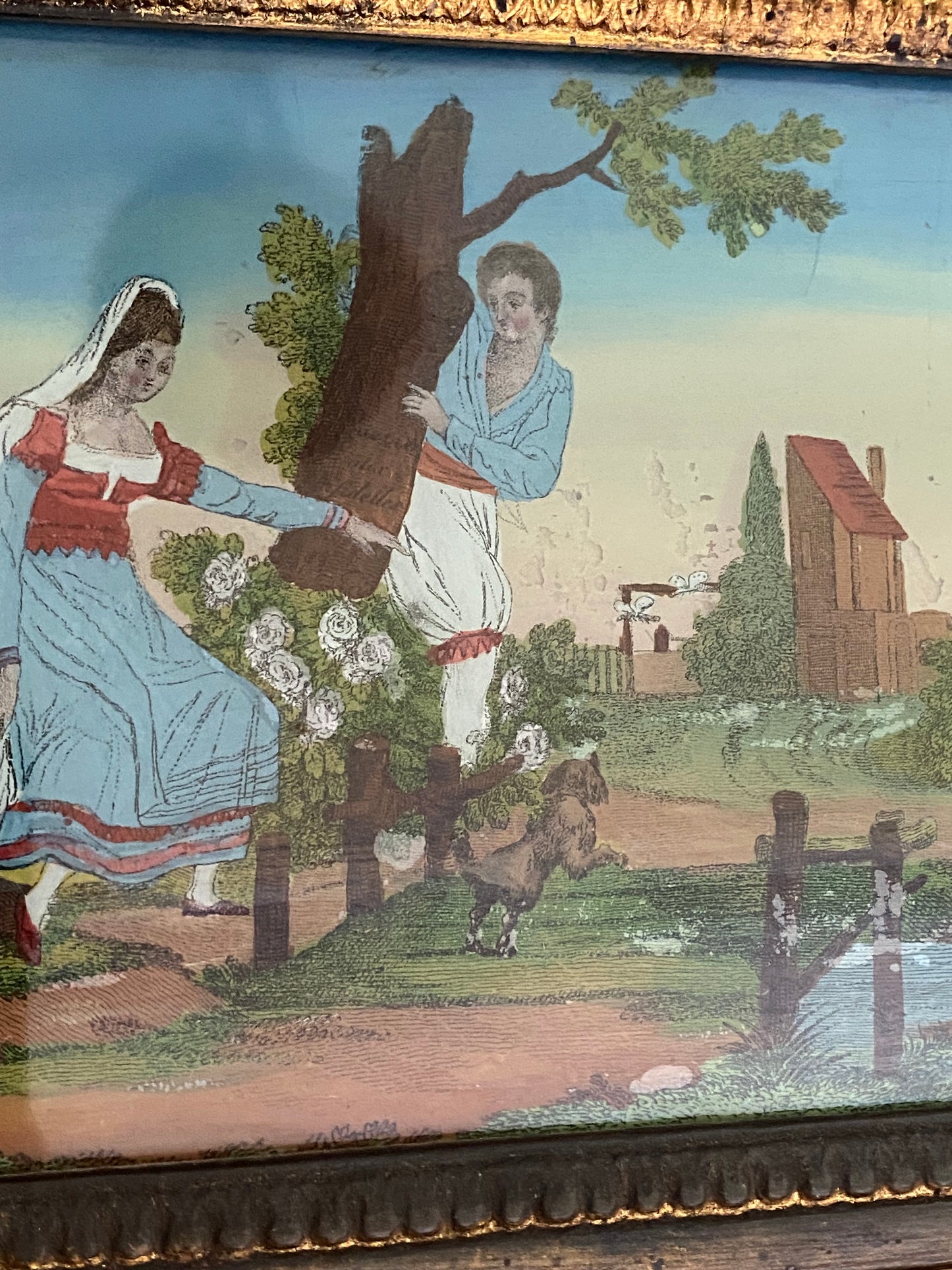 Miroir Trumeau Époque Restauration - Décor fixé Sous Verre - 88x60 cm |