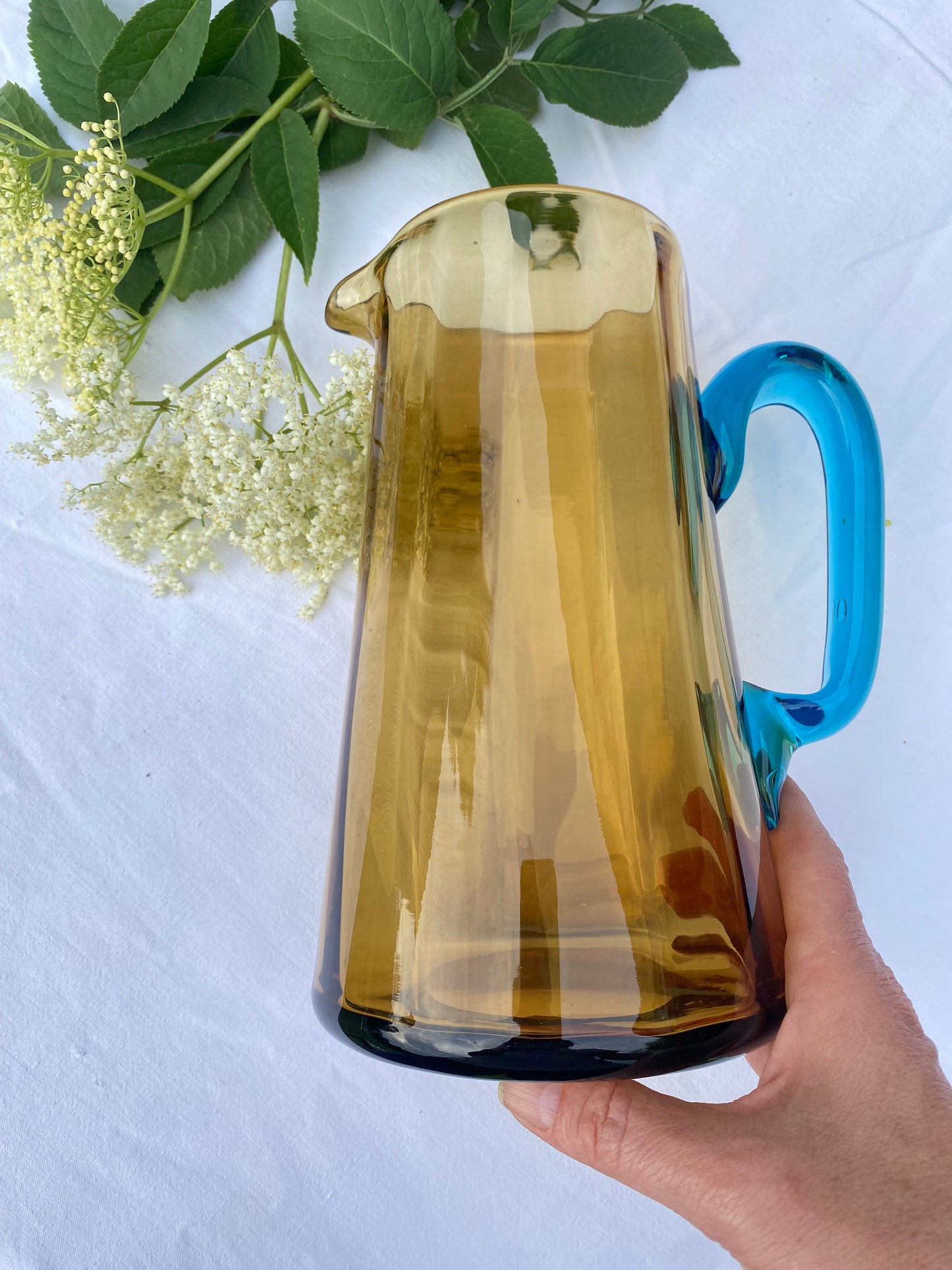 Carafe en verre soufflé ambre et turquoise style George Sand