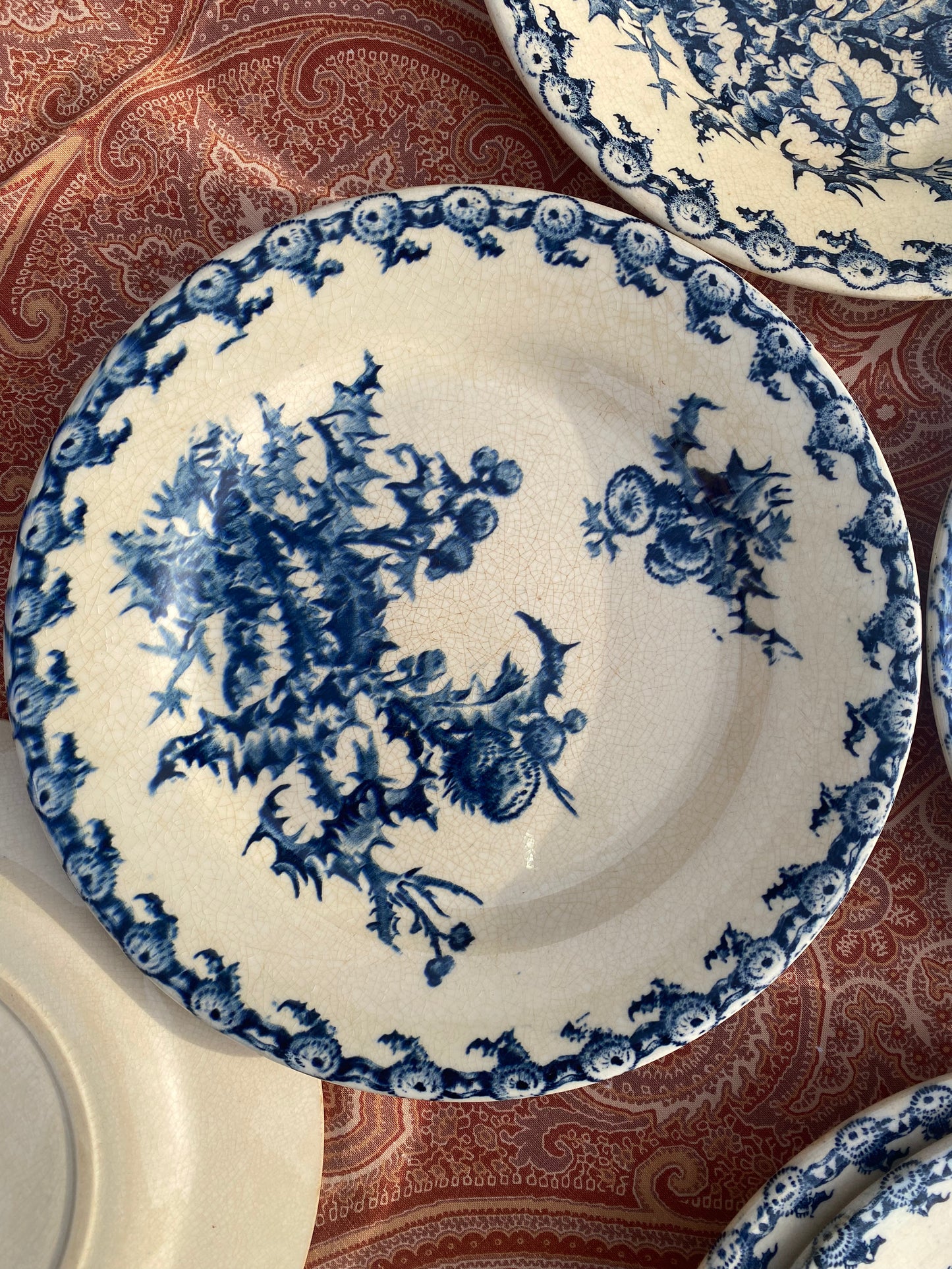 Grandes assiettes en Terre de Fer bleue - Décor Chardons de Gien