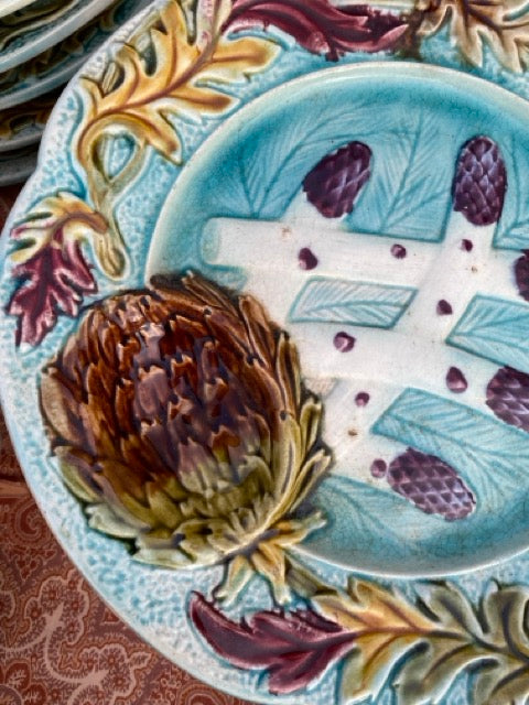 Service à asperges et artichauts en barbotine bleue - Orchies