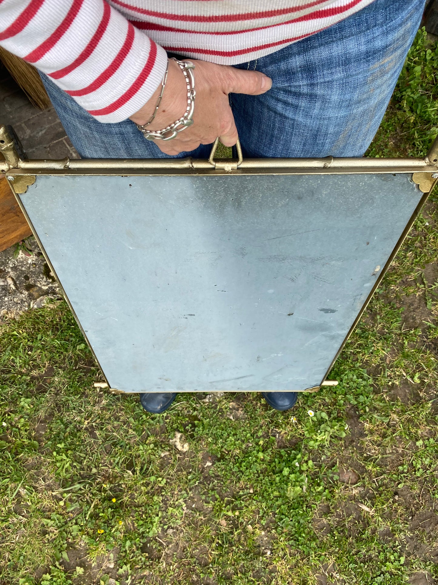 Miroir ancien en métal doré imitation bambou