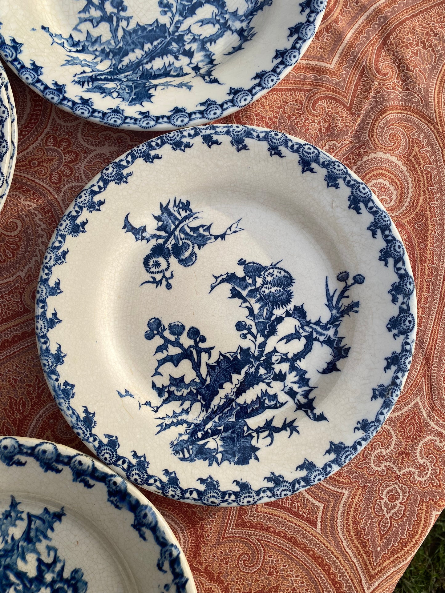 Grandes assiettes en Terre de Fer bleue - Décor Chardons de Gien