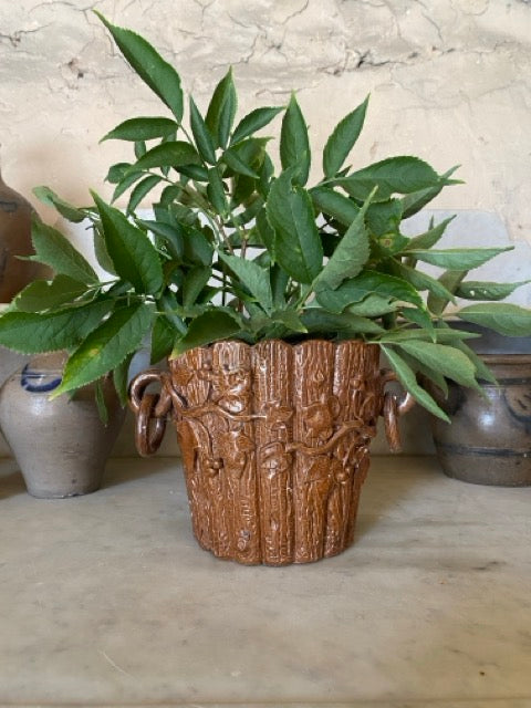 Cache-pot en grès vernissé - Barbotine feuilles de vigne
