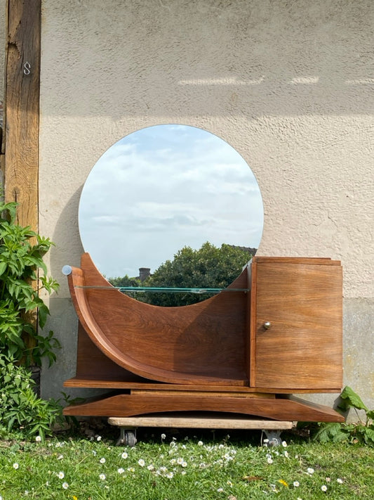 Coiffeuse Art Déco ancienne en noyer avec miroir rond