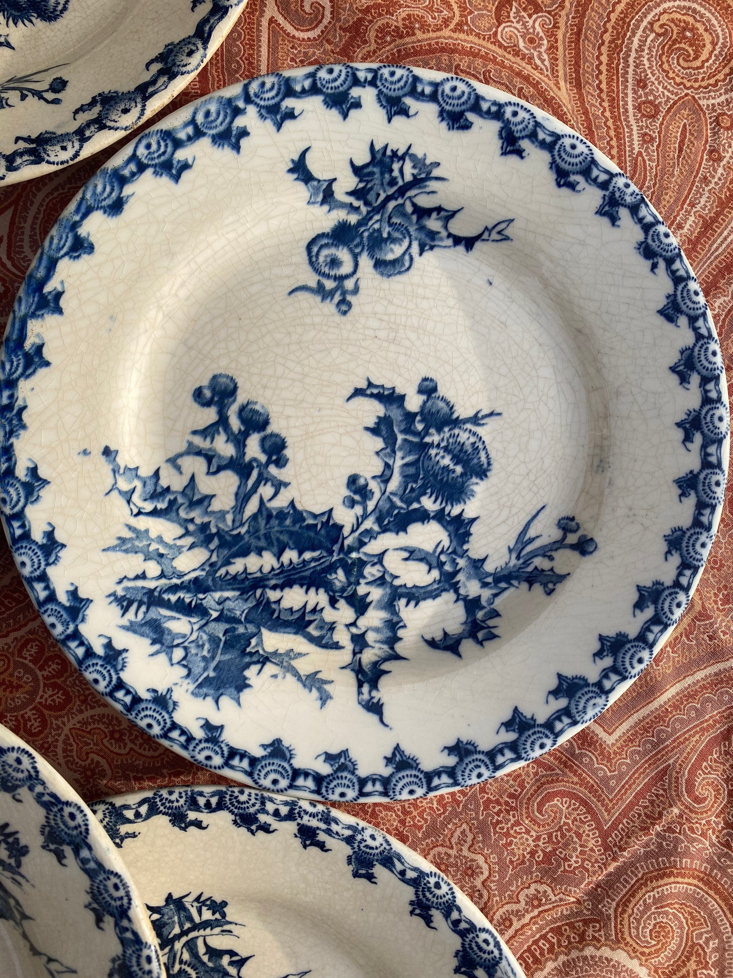 Grandes assiettes en Terre de Fer bleue - Décor Chardons de Gien