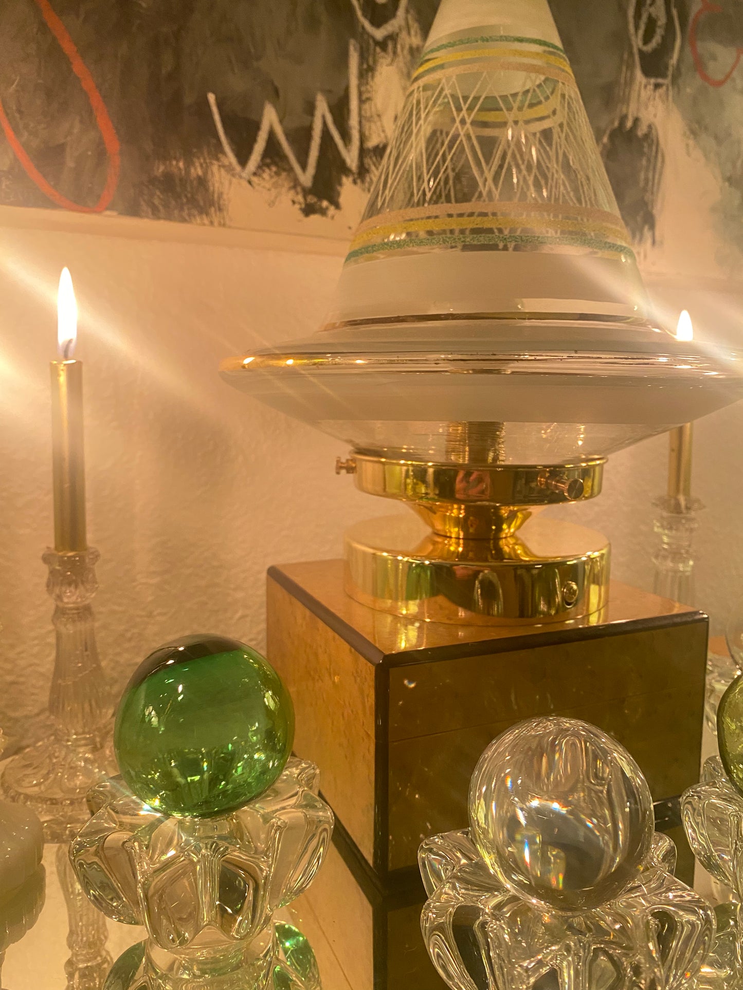 Lampe vintage abat-jour en verre granité