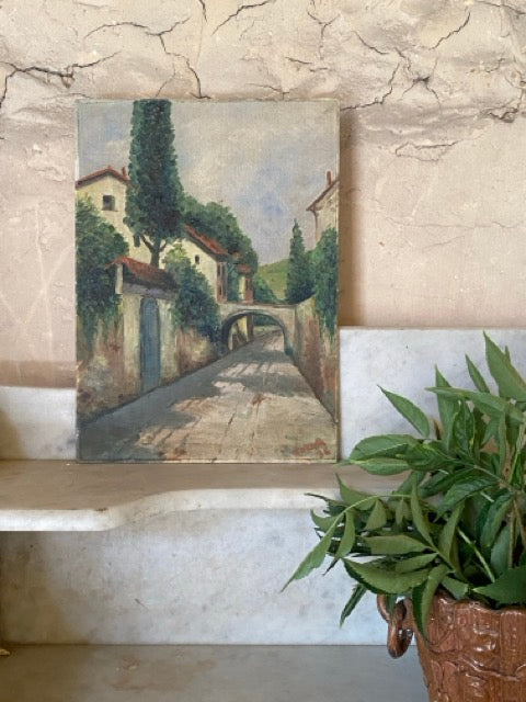 Tableau ancien huile sur toile - Coeur de village