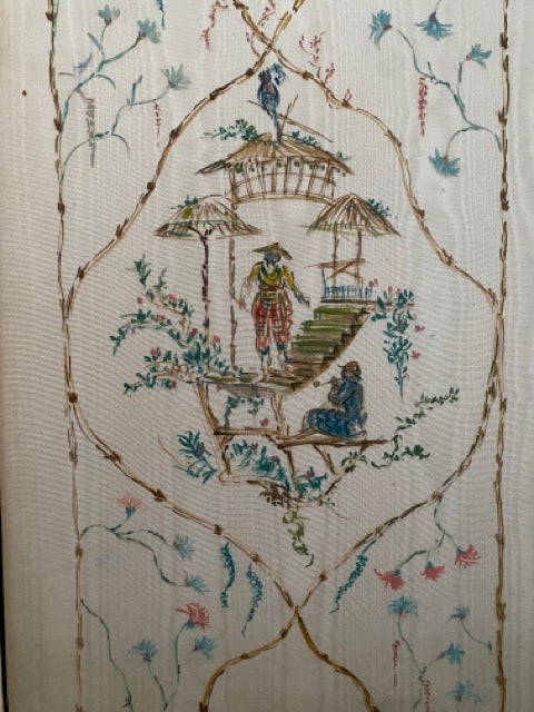 Paravent ancien en taffetas peint à la main - Chinoiseries style 18ème