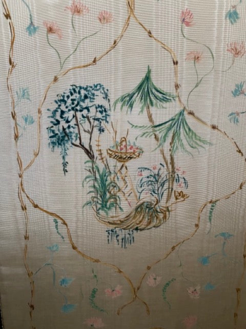 Paravent ancien en taffetas peint à la main - Chinoiseries style 18ème