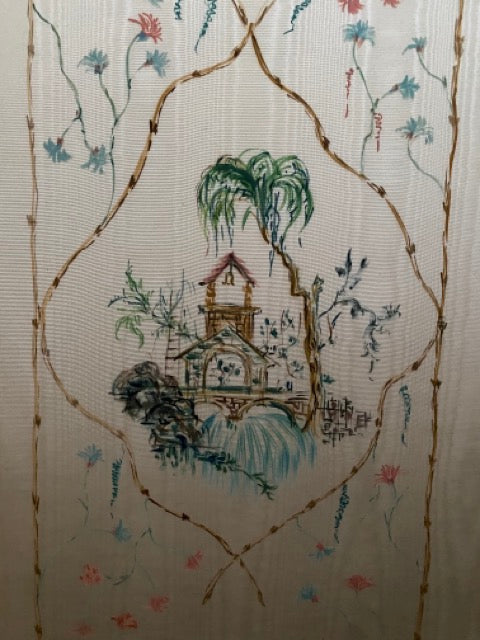 Paravent ancien en taffetas peint à la main - Chinoiseries style 18ème