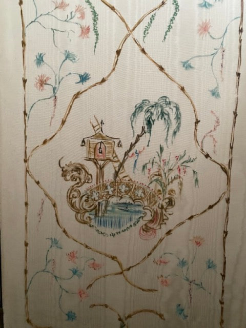 Paravent ancien en taffetas peint à la main - Chinoiseries style 18ème