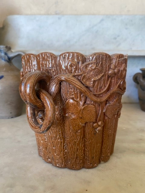 Cache-pot en grès vernissé - Barbotine feuilles de vigne