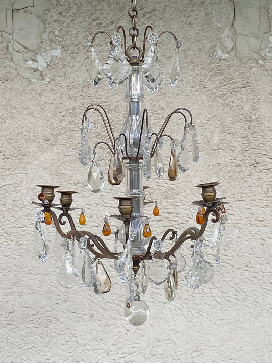 Lustre ancien en bronze avec pampilles en verre 
