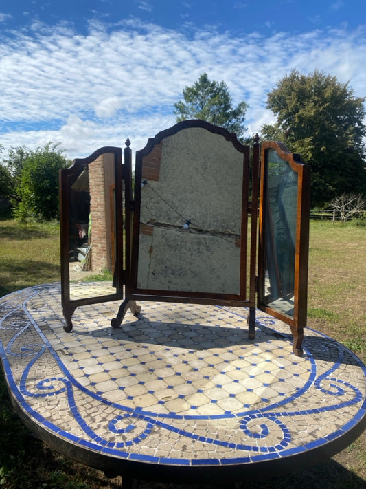 Miroir ancien triptyque en acajou d’origine anglaise