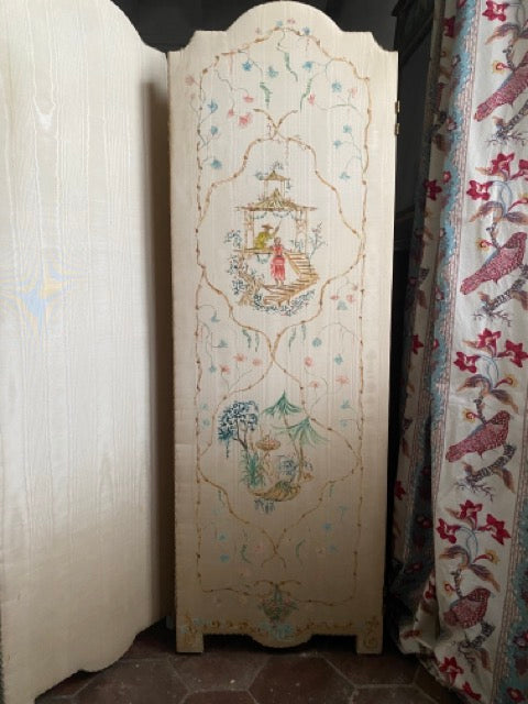 Paravent ancien en taffetas peint à la main - Chinoiseries style 18ème