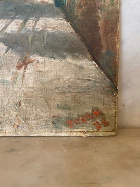 Tableau ancien huile sur toile - Coeur de village