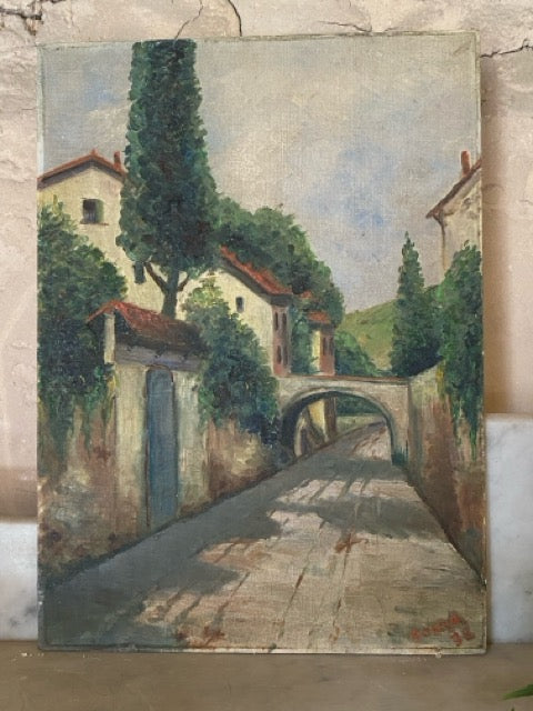 Tableau ancien huile sur toile - Coeur de village