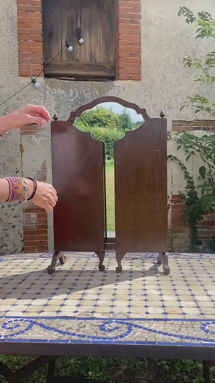 Video-miroir-ancien-triptyque-acajou-anglais